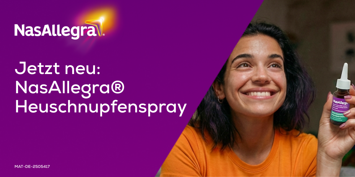 NasAllegra-Flasche und Verpackung. Text: Jetzt neu: NasAllegra Heuschnupfenspray. Werbung.